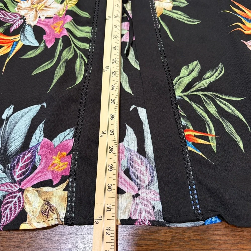 Kona Sol Womens Kimono Cover Up S/M Black Tropical Floral Bird of Paradise Wrap
